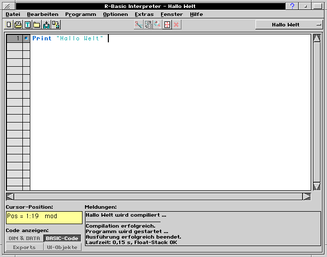 Editorfenster Programmzeile Hallo Welt